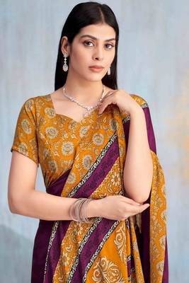 Wine paisley floral printed crepe saree with printed unstitch blouse 2
