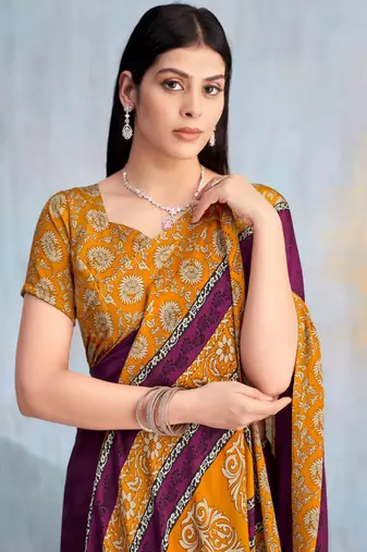 Wine paisley floral printed crepe saree with printed unstitch blouse