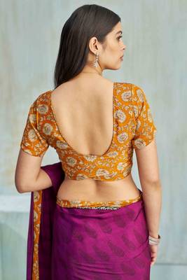 Wine paisley floral printed crepe saree with printed unstitch blouse 4