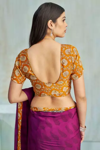 Wine paisley floral printed crepe saree with printed unstitch blouse
