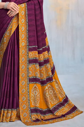 Wine paisley floral printed crepe saree with printed unstitch blouse