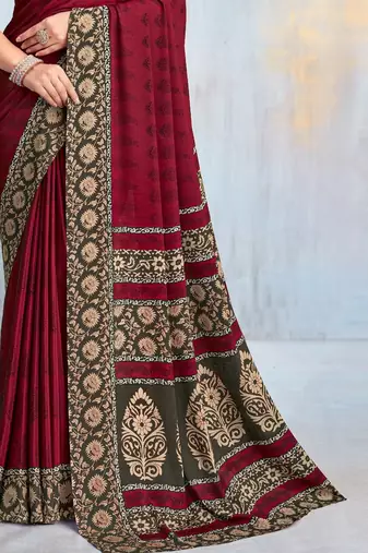 Maroon paisley floral printed crepe saree with printed unstitch blouse