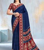 Blue paisley floral printed crepe saree with printed unstitch blouse