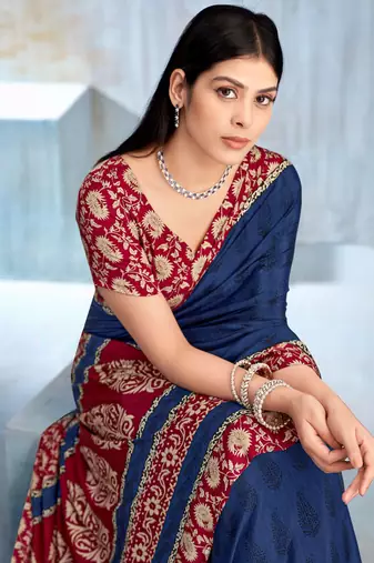 Blue paisley floral printed crepe saree with printed unstitch blouse