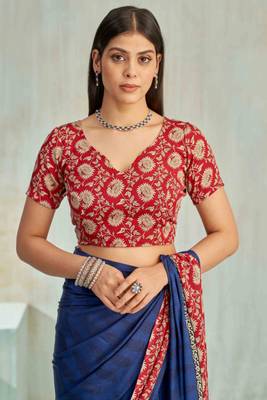 Blue paisley floral printed crepe saree with printed unstitch blouse 3