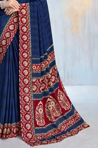 Blue paisley floral printed crepe saree with printed unstitch blouse