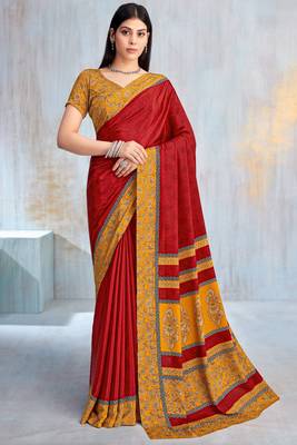 Red paisley floral printed crepe saree with printed unstitch blouse 1