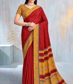 Red paisley floral printed crepe saree with printed unstitch blouse