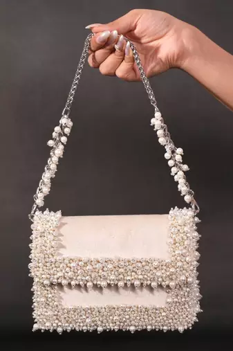 Aliya ivory suede pearl embellished mini bag