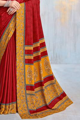 Red paisley floral printed crepe saree with printed unstitch blouse 5