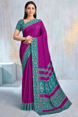 Purple paisley floral printed crepe saree with printed unstitch blouse 1