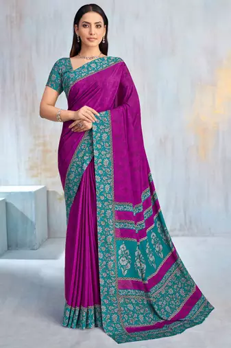 Purple paisley floral printed crepe saree with printed unstitch blouse