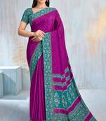 Purple paisley floral printed crepe saree with printed unstitch blouse
