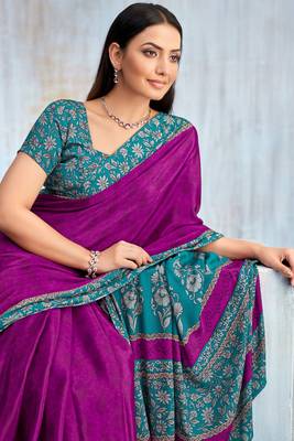 Purple paisley floral printed crepe saree with printed unstitch blouse 2