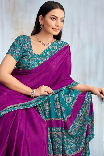 Purple paisley floral printed crepe saree with printed unstitch blouse