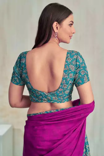 Purple paisley floral printed crepe saree with printed unstitch blouse