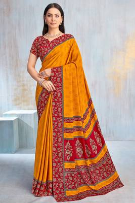 Yellow paisley floral printed crepe saree with printed unstitch blouse 1