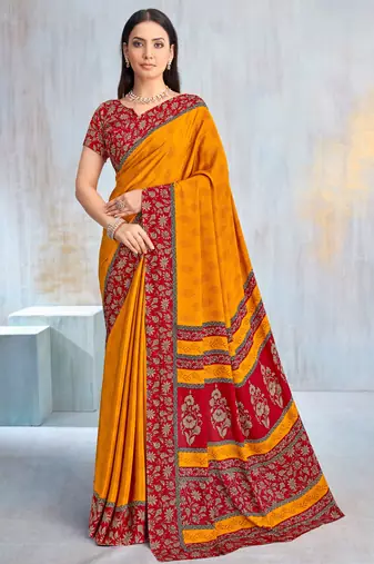 Yellow paisley floral printed crepe saree with printed unstitch blouse