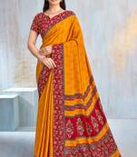 Yellow paisley floral printed crepe saree with printed unstitch blouse