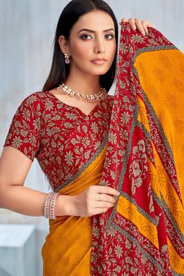 Yellow paisley floral printed crepe saree with printed unstitch blouse 2
