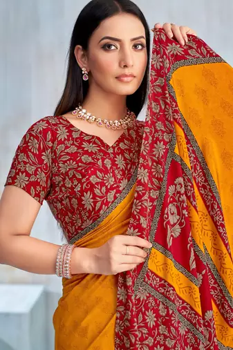 Yellow paisley floral printed crepe saree with printed unstitch blouse