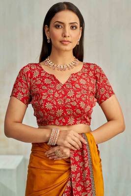 Yellow paisley floral printed crepe saree with printed unstitch blouse 3