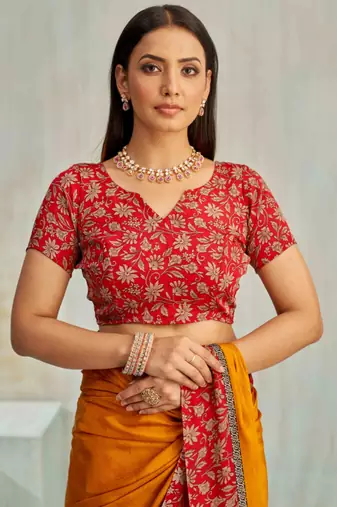 Yellow paisley floral printed crepe saree with printed unstitch blouse