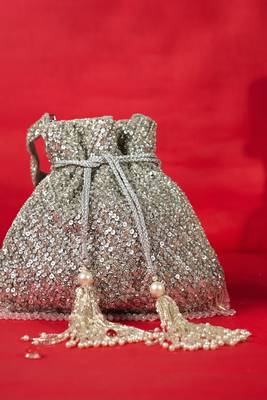 Sitara silver suede sequin embellished potli 1