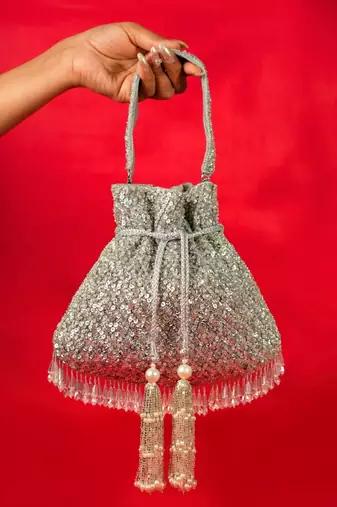 Sitara silver suede sequin embellished potli