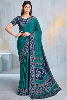 Teal green paisley floral printed crepe saree with printed unstitch blouse 1