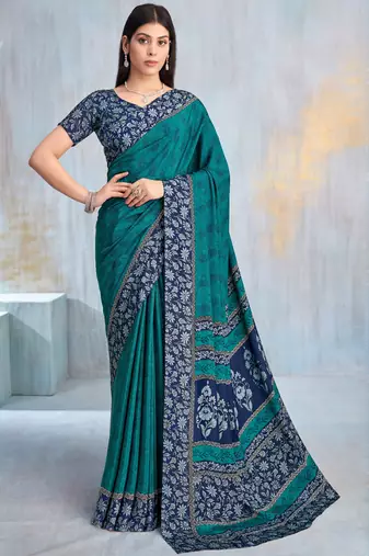 Teal green paisley floral printed crepe saree with printed unstitch blouse