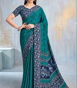 Teal green paisley floral printed crepe saree with printed unstitch blouse