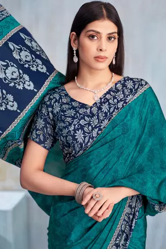 Teal green paisley floral printed crepe saree with printed unstitch blouse