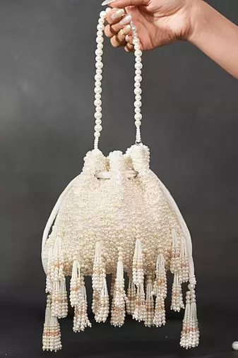 Emma ivory suede pearl embellished potli