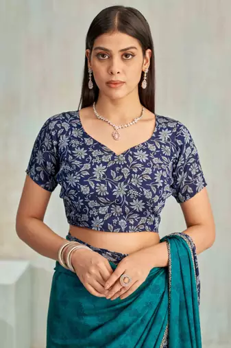 Teal green paisley floral printed crepe saree with printed unstitch blouse