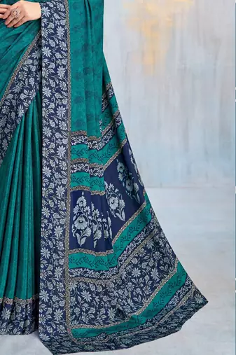 Teal green paisley floral printed crepe saree with printed unstitch blouse