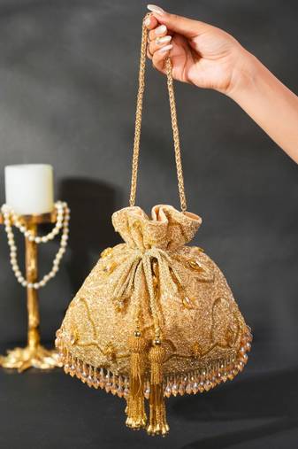 Sunheri gold georgette embellished potli