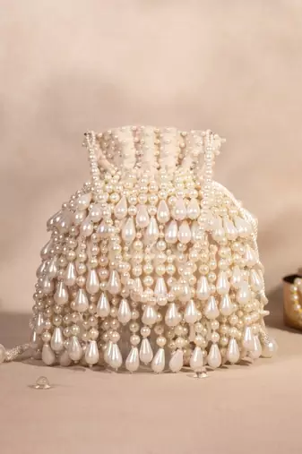 Zarah ivory pearl suede embellished potli