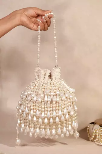 Zarah ivory pearl suede embellished potli