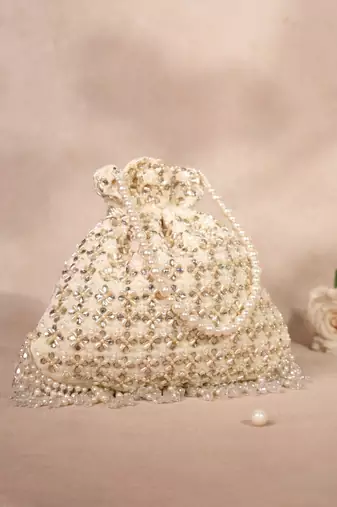Aafreen ivory suede kundan embellished potli