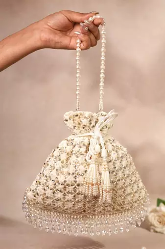 Aafreen ivory suede kundan embellished potli