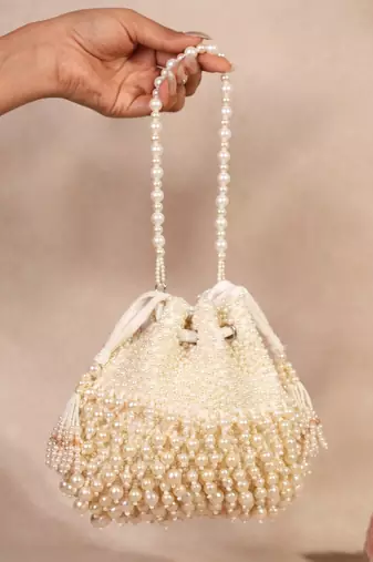 Zeba ivory suede pearl embellished potli