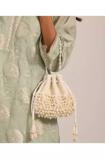 Zeba ivory suede pearl embellished potli