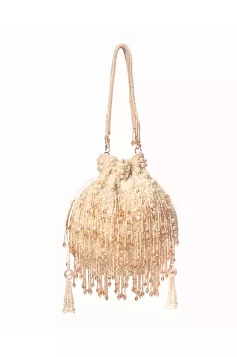 Nayera ivory suede pearl potli with crystals