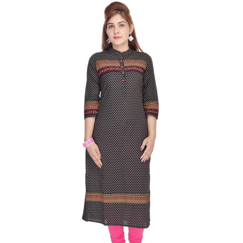 Chinese Collar Black Cotton Kurti LITTLE INDIA 696486