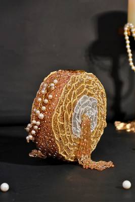 Ella gold suede embellished clutch 1