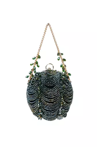 Velora green suede embellished round bag
