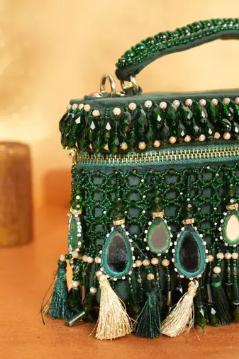 Mirage green mirrorwork embellished vanity bag