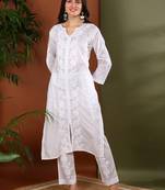 Floral embroidered chikankari straight pure cotton white front slit kurta with palazzos