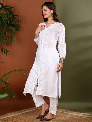 Floral embroidered chikankari straight pure cotton white front slit kurta with palazzos 3